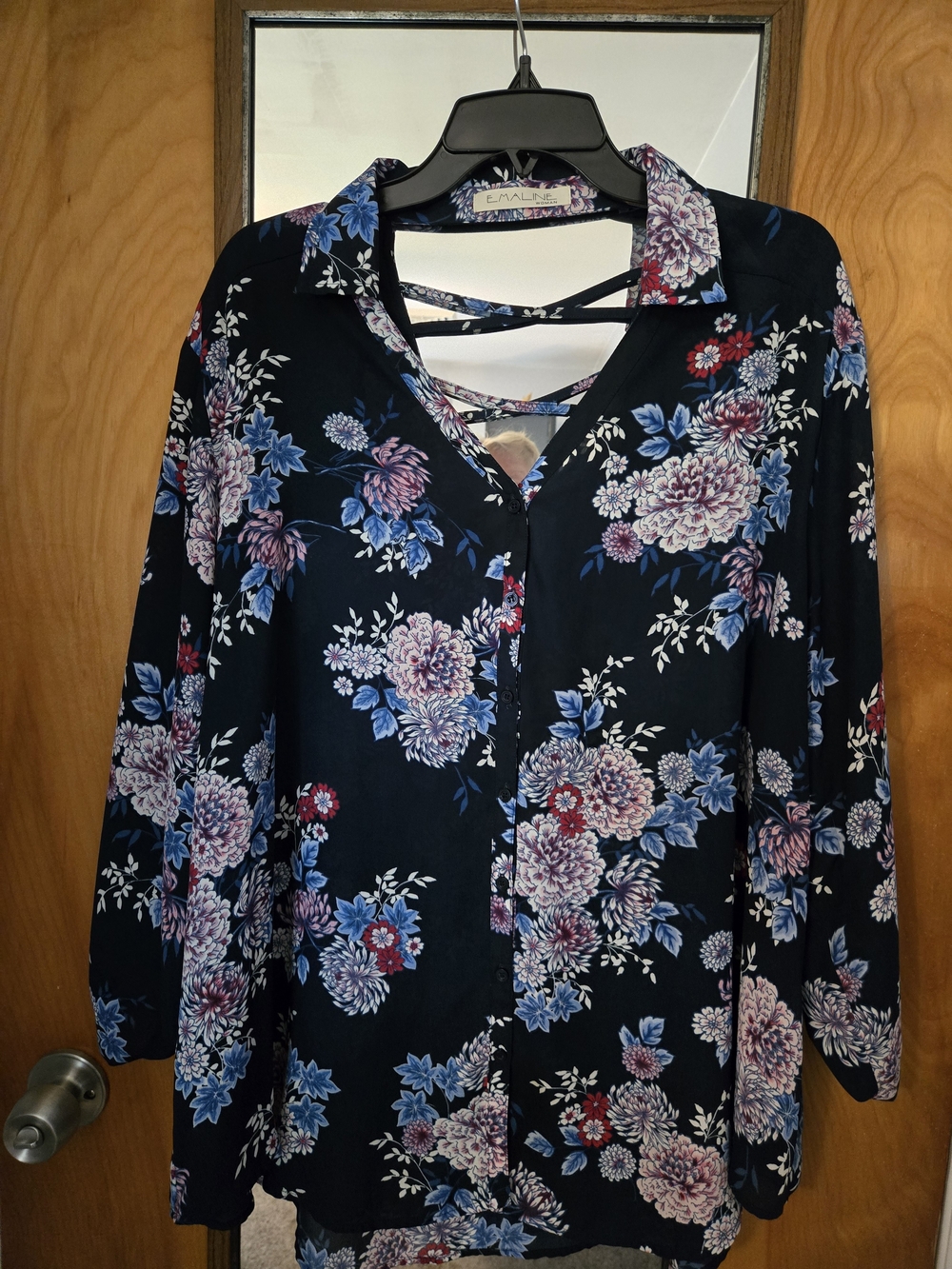 Sami & Jo Black Floral Button-Front Top with Blue & Pink Flowers